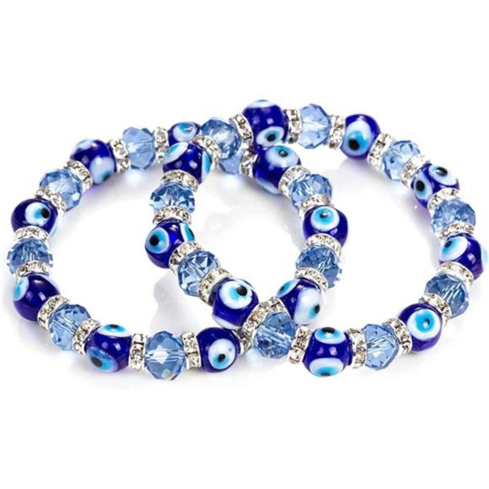Evil Eye Bead Bracelet - Black Crystal Glass Beads with Gold Accents